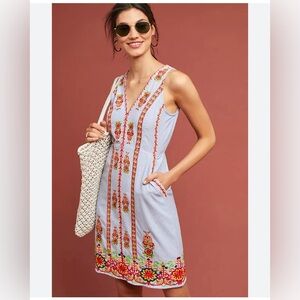 Maeve Anthropologie Seersucker Colorful Embroidered Shift Dress